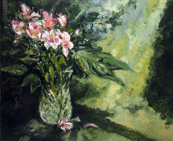 Лилии в хрустальной вазе. Холст-масло, 90 x 75 см.